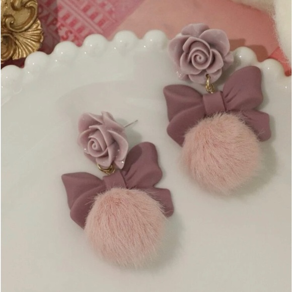 Beautiful Rose Bow Pom Earrings - Picture 2 of 4